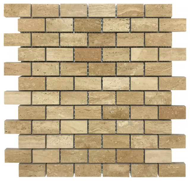 Patara 1"x2" Brick Design 12"x12" Travertine Mesh Mosaic Tile (10 sqft