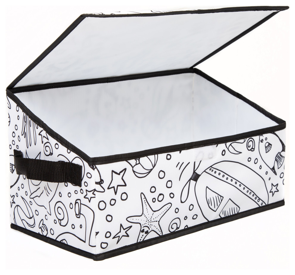 Kid's Coloring Angled Storage Bin with Lid, Under Sea Print Beach