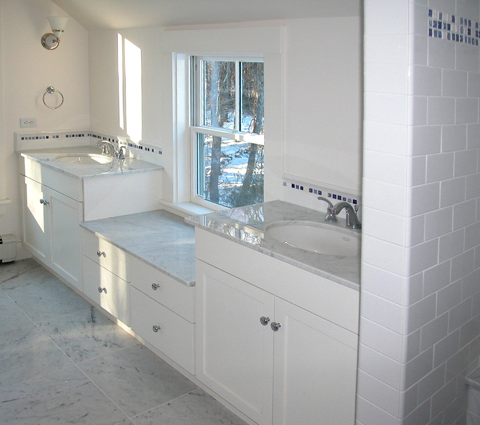 Photo of a large traditional bathroom in Boston with a console sink.