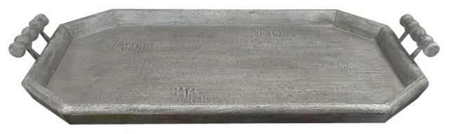Butlers Tray Weathered Gray Solid Wood Turned Detail on Handles
