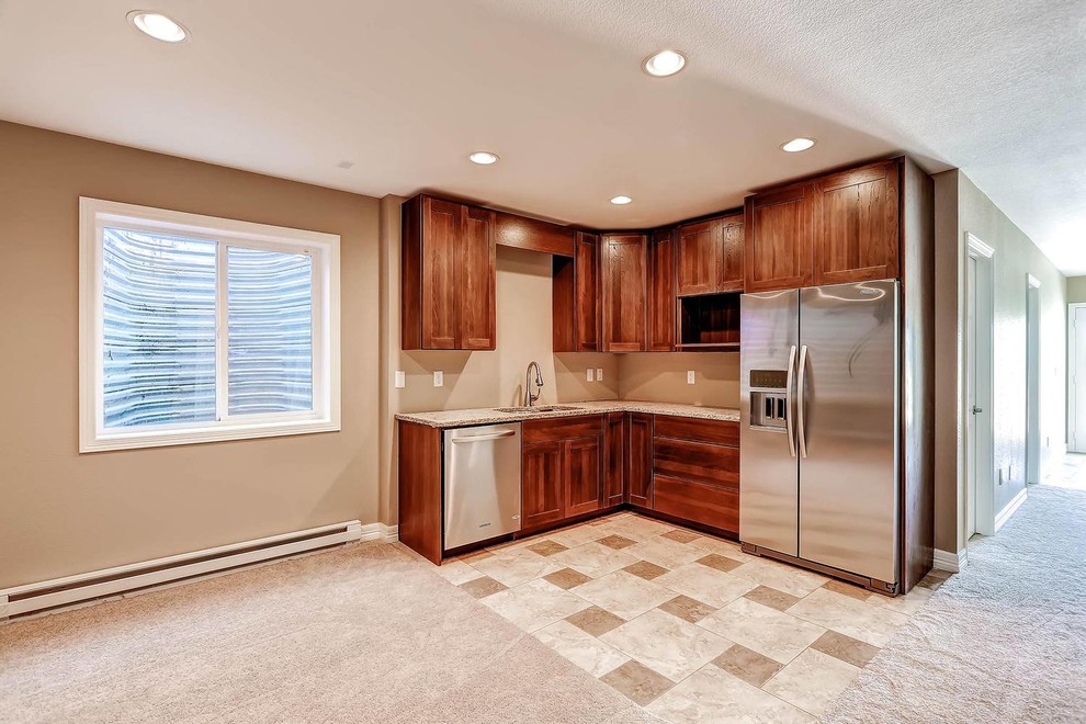 Inspiration for a small transitional l-shaped ceramic tile and beige floor kitchen remodel in Denver with shaker cabinets, medium tone wood cabinets, granite countertops and stainless steel appliances