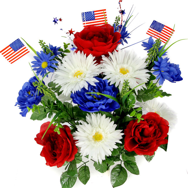 18 Stems Faux Peony Daisy Fillers Mixed Flower Bush With American Flags Traditional