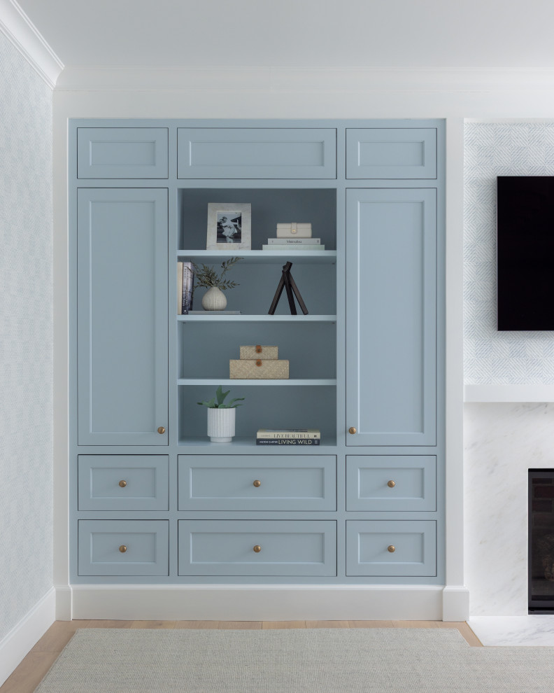 Bedroom - large transitional master wallpaper bedroom idea in New York with a standard fireplace and a stone fireplace
