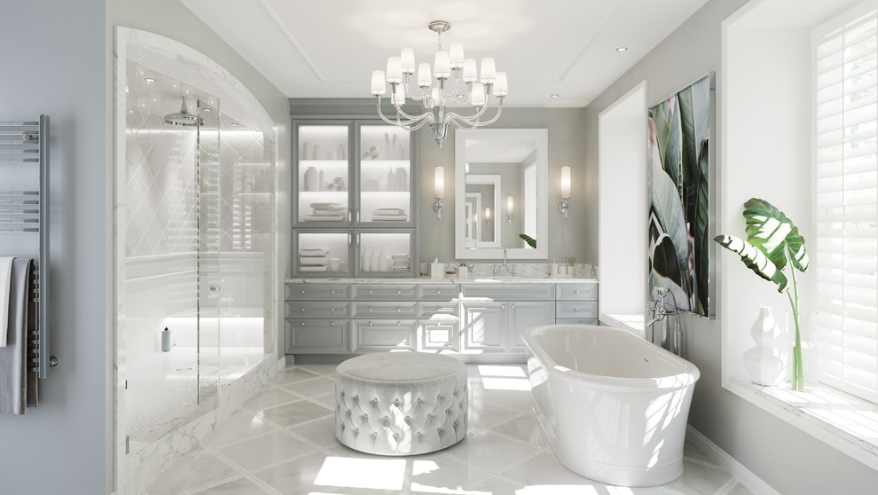 Expansive traditional master bathroom in San Francisco with recessed-panel cabinets, blue cabinets, a freestanding tub, a double shower, grey walls, marble floors, a drop-in sink, white floor and a hinged shower door.