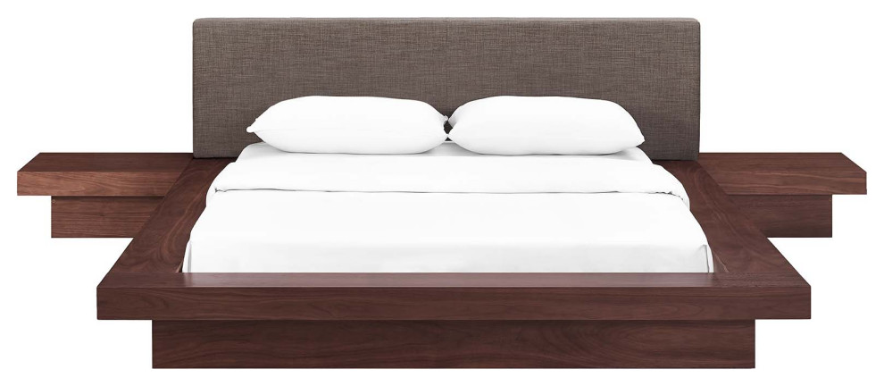 Freja 3-Piece Queen Upholstered Fabric Bedroom Set, Walnut Brown