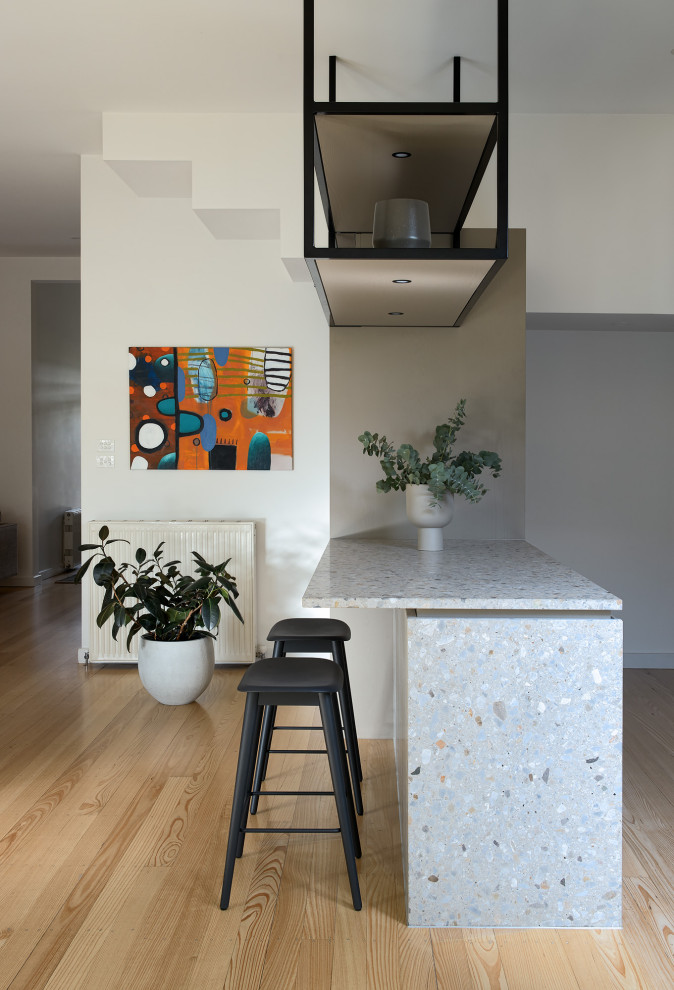 Design ideas for a small contemporary single-wall eat-in kitchen in Melbourne with a double-bowl sink, flat-panel cabinets, grey cabinets, terrazzo benchtops, light hardwood floors, with island and multi-coloured benchtop.