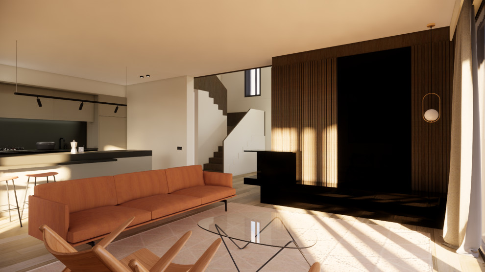 Bild på ett mellanstort funkis allrum med öppen planlösning, med en hemmabar, bruna väggar, mellanmörkt trägolv, en öppen hörnspis, en spiselkrans i metall, en inbyggd mediavägg och brunt golv