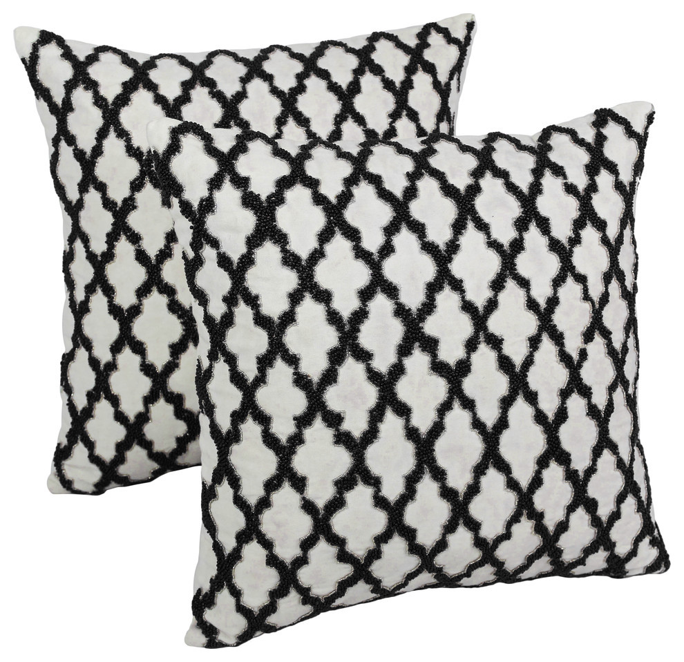 20IN Moroccan Beaded Cotton Throw Pillows, Set of 2, Black Beads/Ivory Fabric