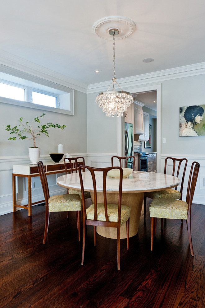 Inspiration for a transitional dining room in Toronto with grey walls and dark hardwood floors.