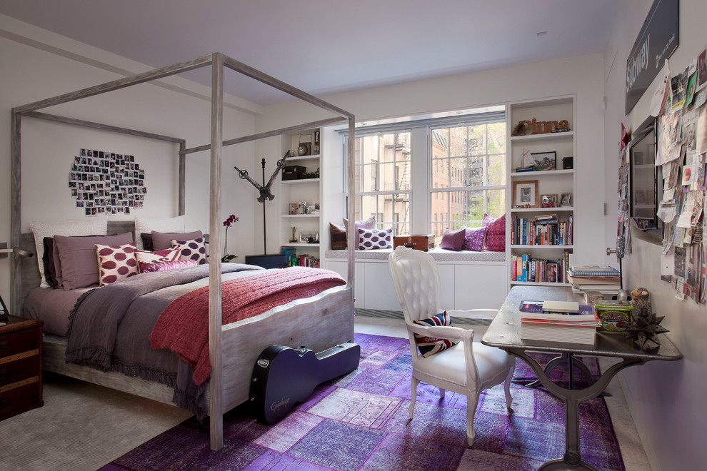 Inspiration for a mid-sized eclectic bedroom in New York with white walls, carpet and no fireplace.