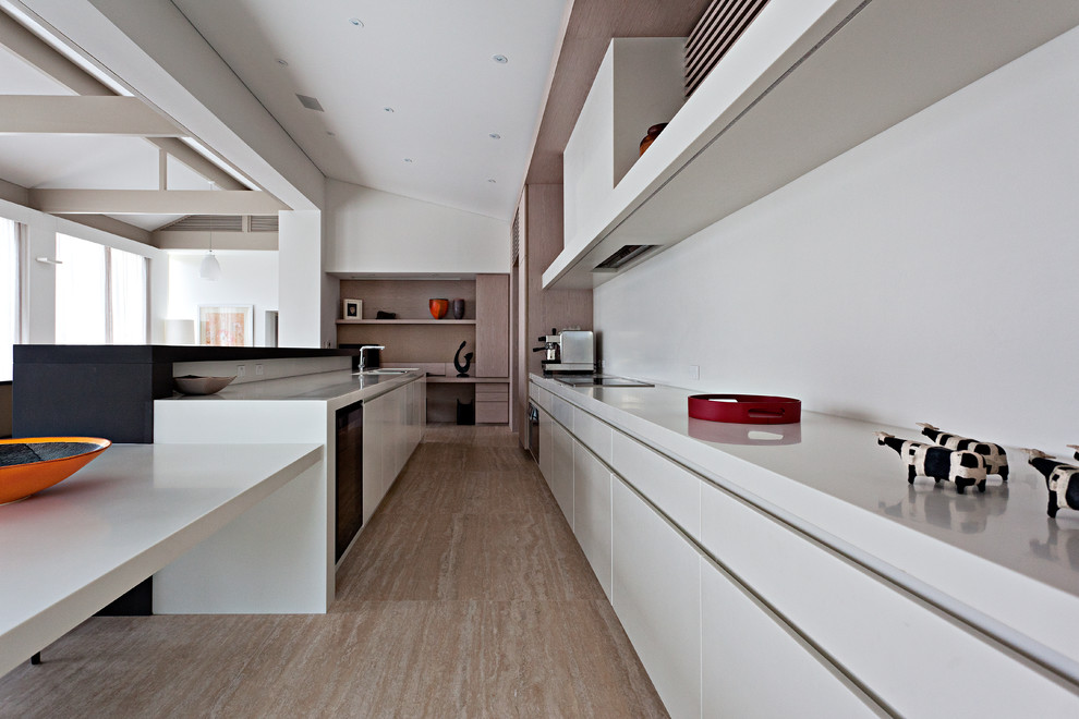 This is an example of a contemporary single-wall open plan kitchen in Perth with an undermount sink, flat-panel cabinets, white cabinets, white splashback and with island.