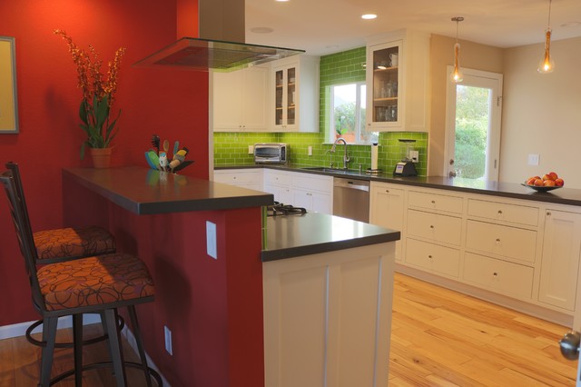 Clean White Cabinets Complement Lime Green Backsplash Juxtaposed With ...