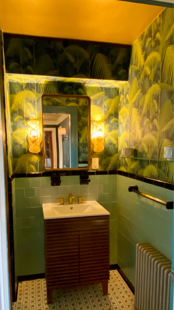 Tropical powder room in Providence with wallpaper.