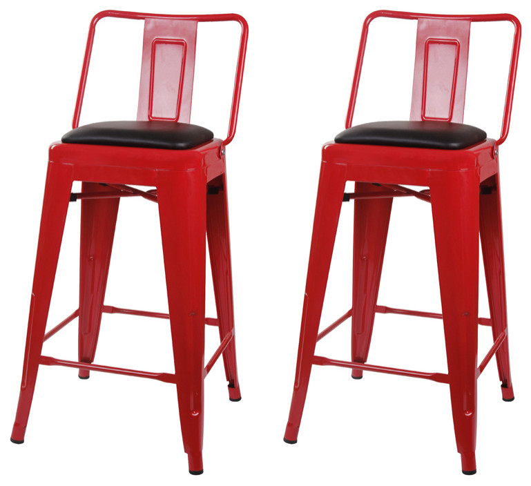 Metal Red Bar Stools With Middle Back Black Vegan Leather Seat, Set of
