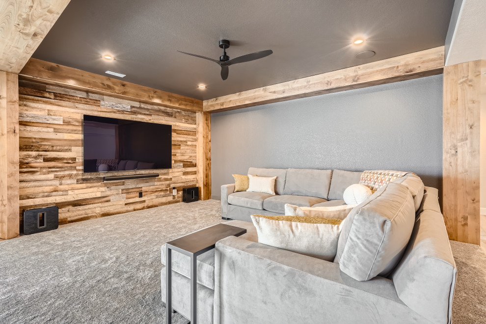 Huge minimalist walk-out basement photo in Denver with gray walls