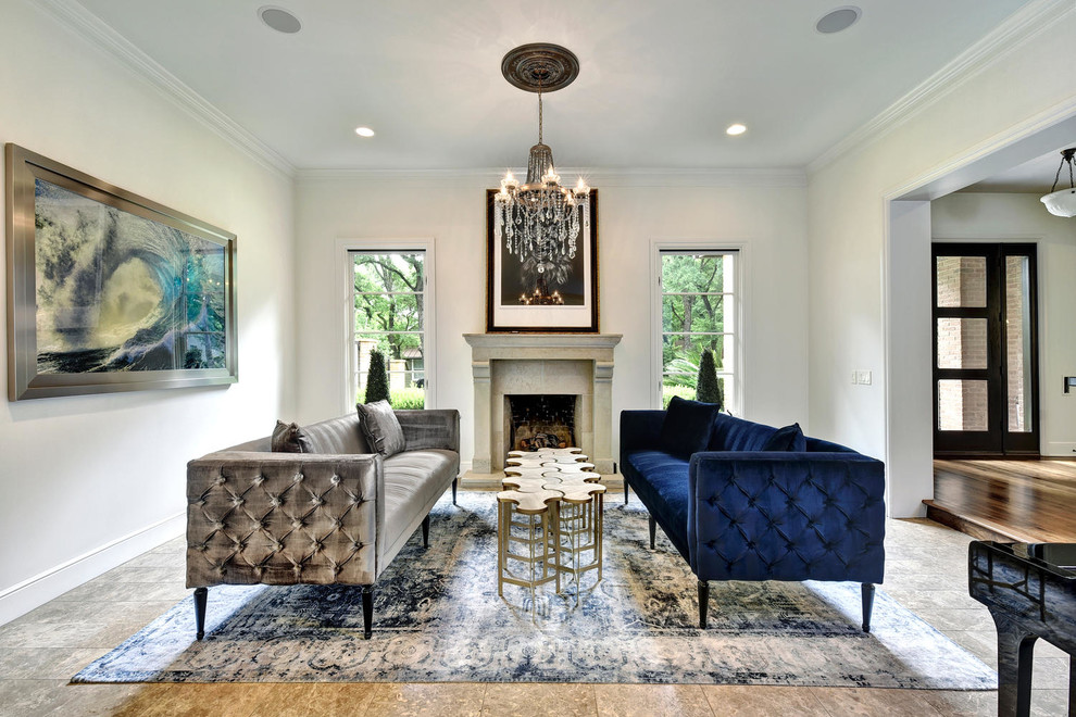 Transitional formal open concept living room in Austin with white walls, a standard fireplace and no tv.