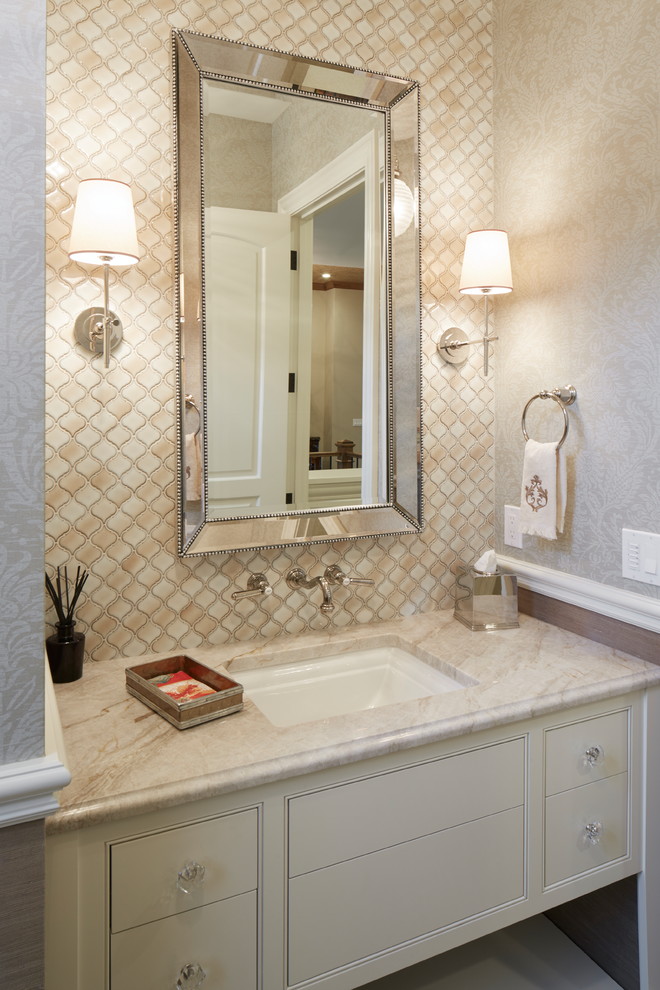 Inspiration for a large traditional master bathroom in Portland with raised-panel cabinets, white cabinets, a drop-in tub, black walls, an undermount sink, granite benchtops and beige floor.