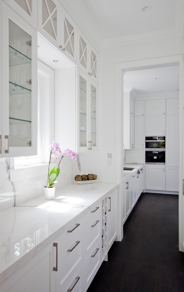 Photo of a small transitional galley kitchen pantry in Vancouver with recessed-panel cabinets, white cabinets, marble benchtops, white splashback, marble splashback, stainless steel appliances, dark hardwood floors, no island and brown floor.