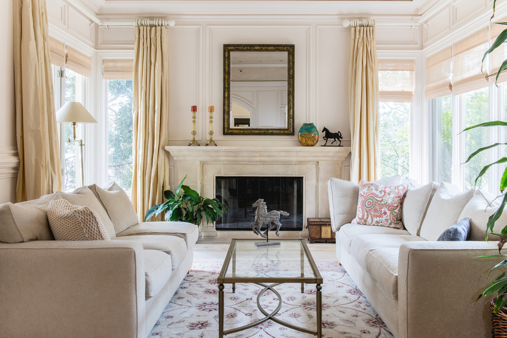 Design ideas for a large traditional formal enclosed living room in San Francisco with beige walls, a standard fireplace, a stone fireplace surround and no tv.