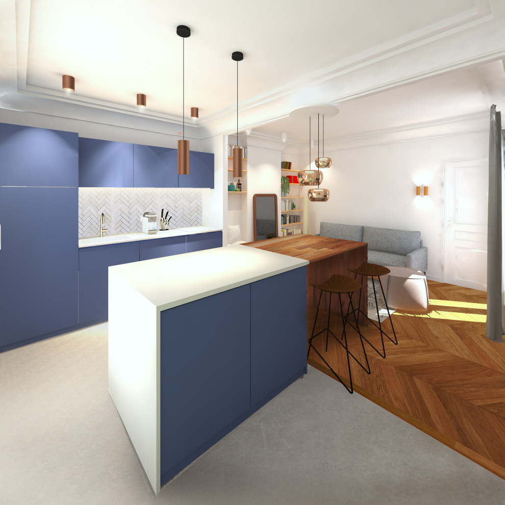 Photo of a small contemporary l-shaped open plan kitchen in Paris with a submerged sink, beaded cabinets, blue cabinets, quartz worktops, white splashback, ceramic splashback, stainless steel appliances, ceramic flooring, an island, grey floors and white worktops.