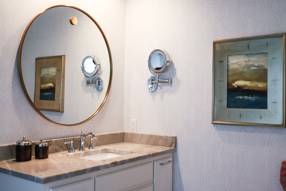 Mid-sized transitional master white tile and marble tile ceramic tile and gray floor alcove bathtub photo with gray walls, beaded inset cabinets, white cabinets, a two-piece toilet, an undermount sink, quartzite countertops and a hinged shower door