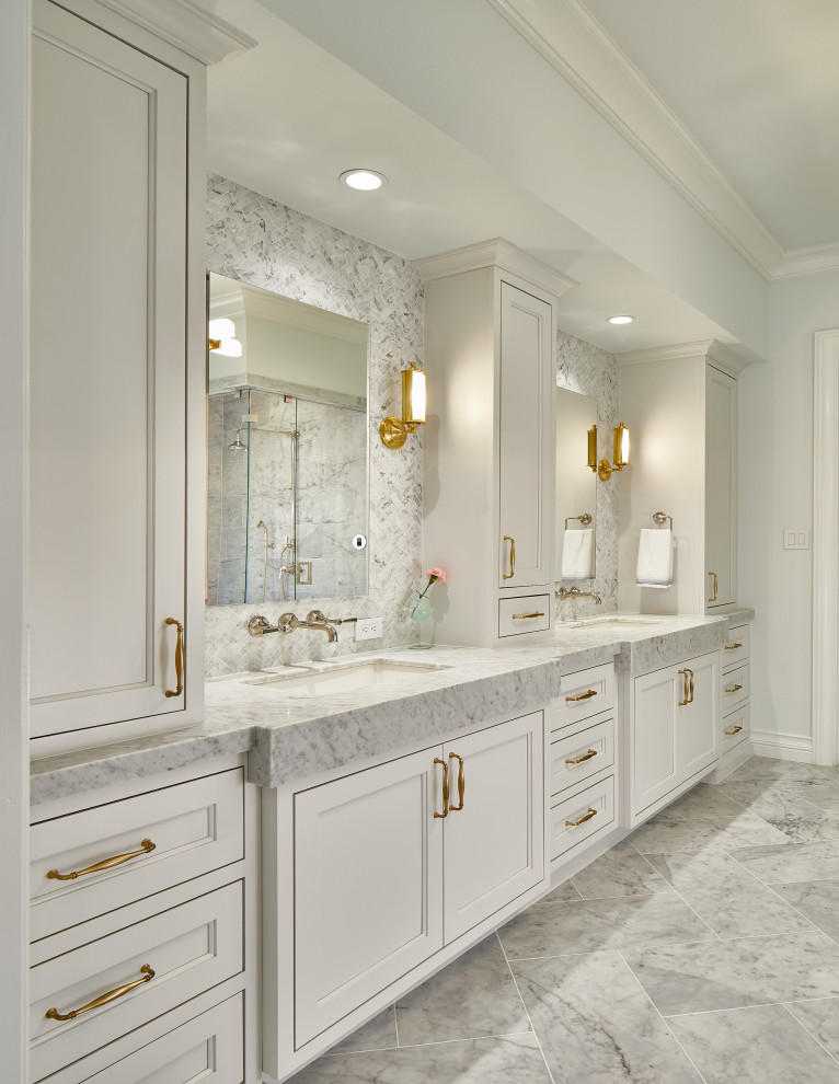 Photo of a large traditional master bathroom in Dallas with marble floors, recessed-panel cabinets, grey cabinets, gray tile, grey walls, an undermount sink, grey floor, grey benchtops, a double vanity and a built-in vanity.