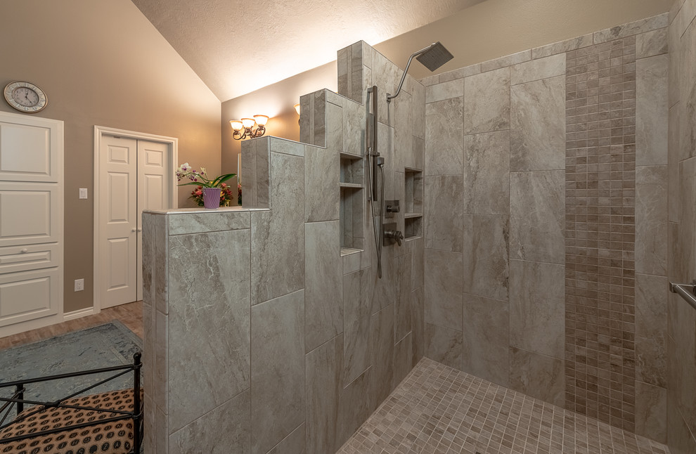 Mid-sized contemporary master bathroom in Austin with shaker cabinets, brown cabinets, an open shower, beige tile, ceramic tile, beige walls, painted wood floors, an undermount sink, marble benchtops, brown floor, an open shower and multi-coloured benchtops.