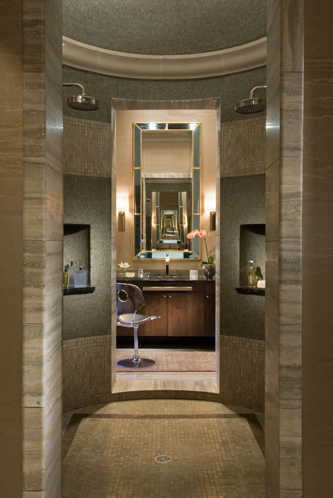 Photo of a contemporary bathroom in Dallas with flat-panel cabinets, dark wood cabinets, a double shower, beige tile and mosaic tile.