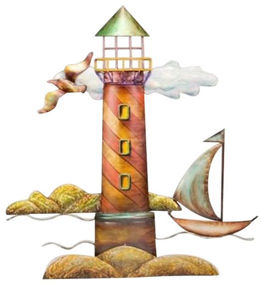 Metal Lighthouse Sculpture Beach Style Metal Wall Art by Brass
