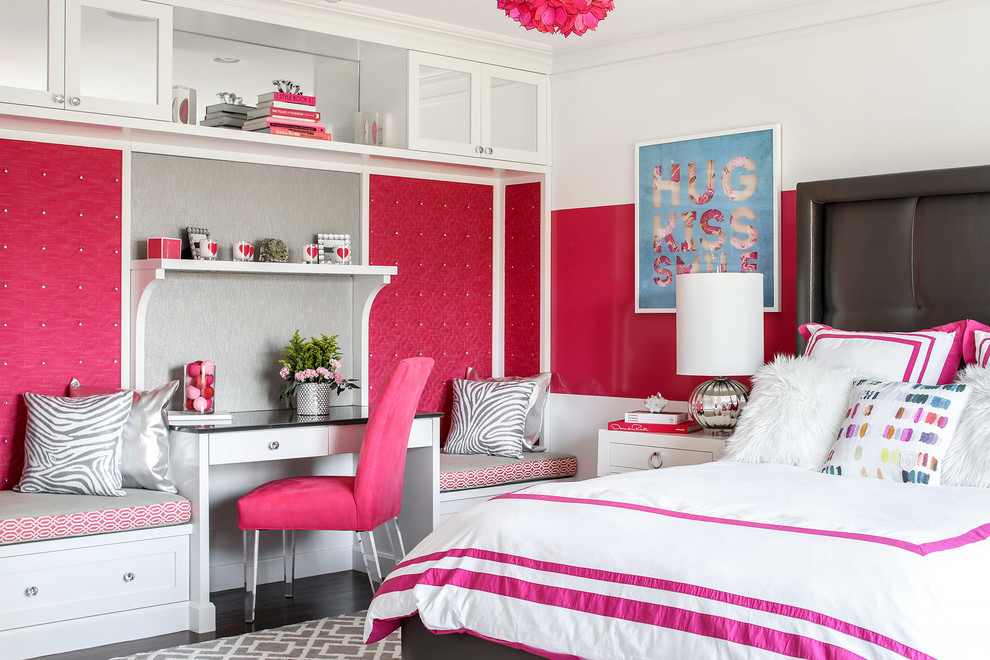 Mid-sized transitional kids' room in New York with pink walls, dark hardwood floors and brown floor for girls.