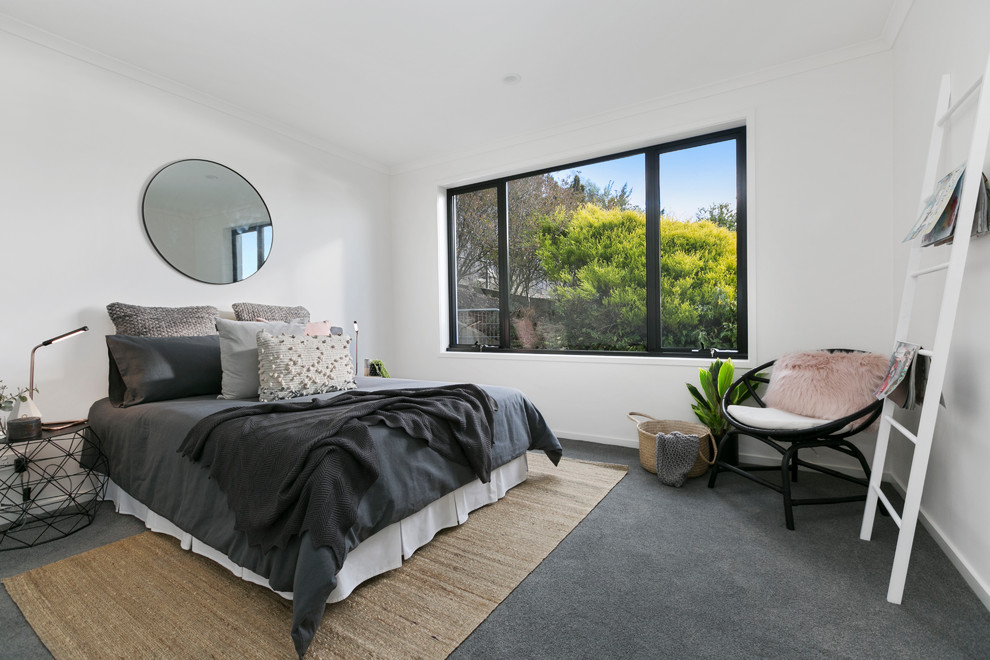 Design ideas for a contemporary bedroom in Hobart with white walls, carpet and grey floor.