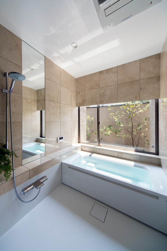 Design ideas for a contemporary bathroom in Other with a corner tub, an open shower, beige walls, white floor and an open shower.