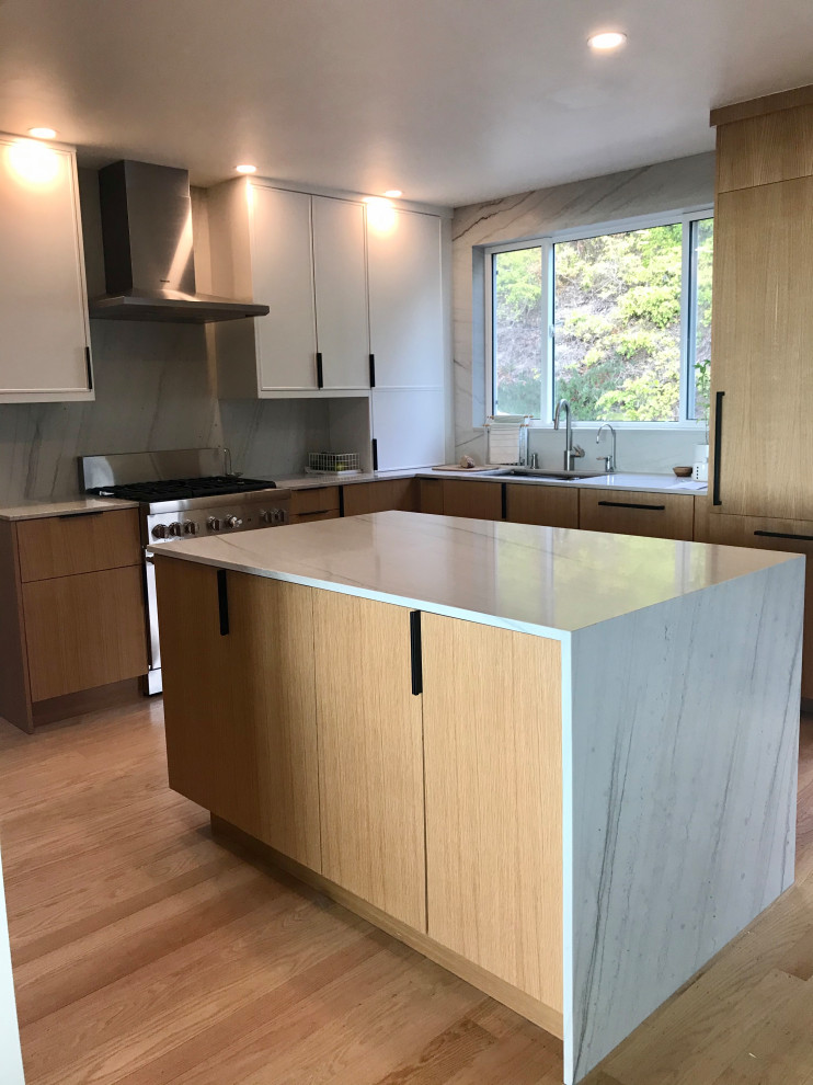 Inspiration for a mid-sized contemporary beige floor enclosed kitchen remodel in San Francisco with an integrated sink, flat-panel cabinets, light wood cabinets, marble countertops, multicolored backsplash, marble backsplash, stainless steel appliances, an island and multicolored countertops