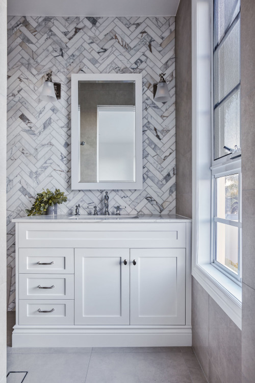 Beachy Classic: White Built-in Vanity with Gray Countertops