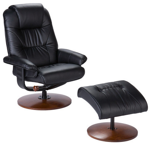 Parrish Leather Recliner and Ottoman in Black