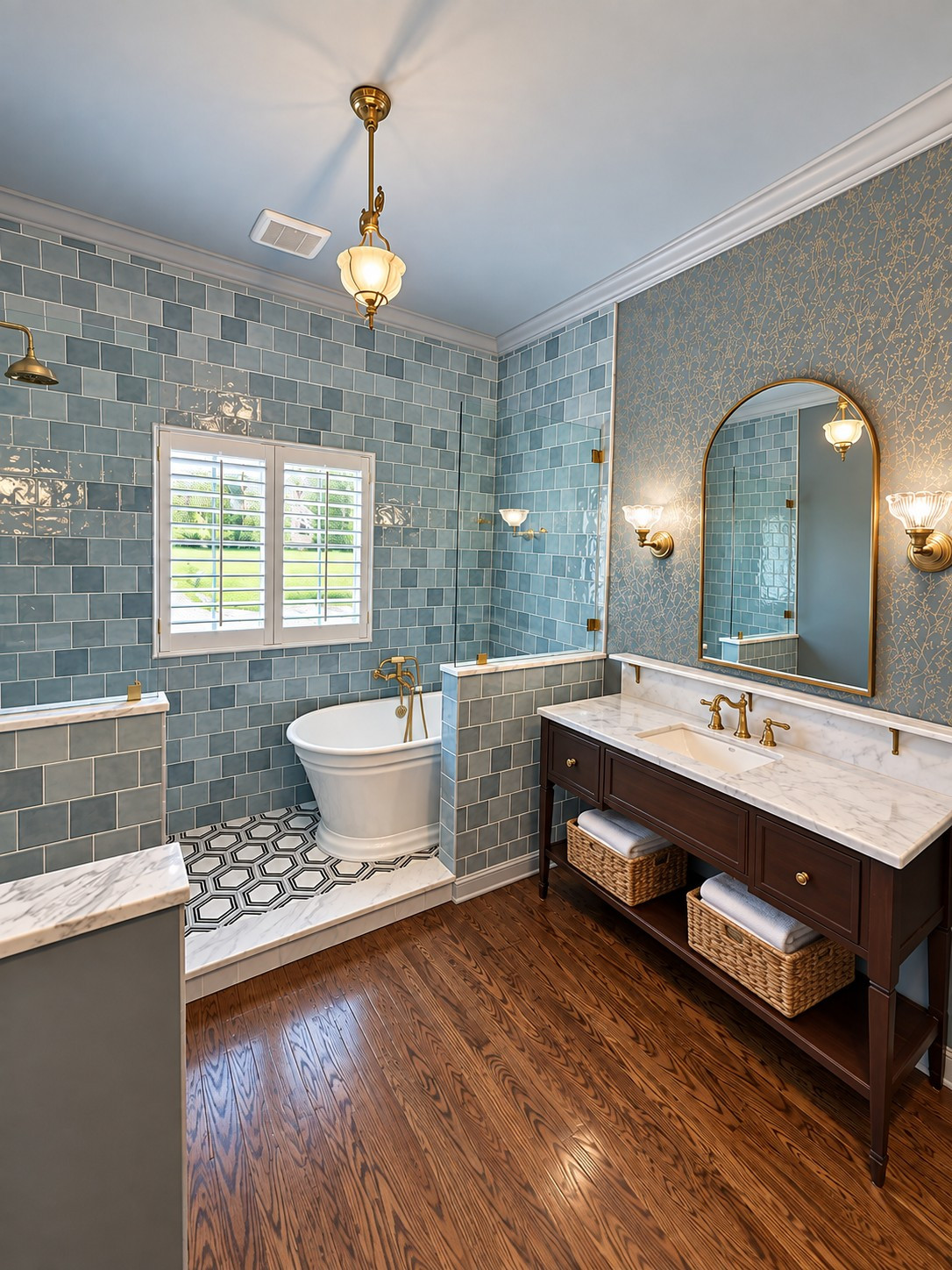 Elegant Transitional Master Bathroom with Freestanding Tub