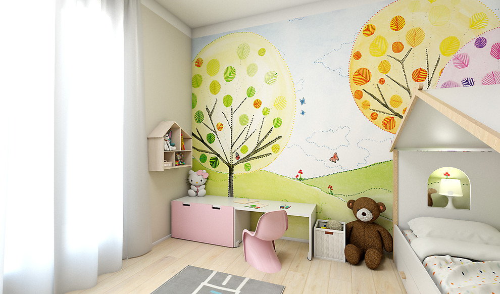 Inspiration for a mid-sized contemporary kids' bedroom for kids 4-10 years old and girls in Cagliari with light hardwood floors.