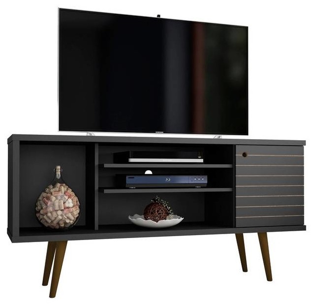 Mid Century Modern Tv Stand Media Cabinet 5 Shelf 1 Door Black