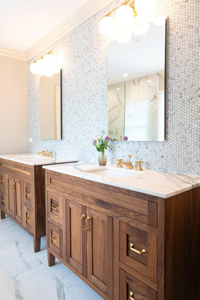 Modern Double Vanity Bathroom with Wooden Cabinets and Elegant Fixtures