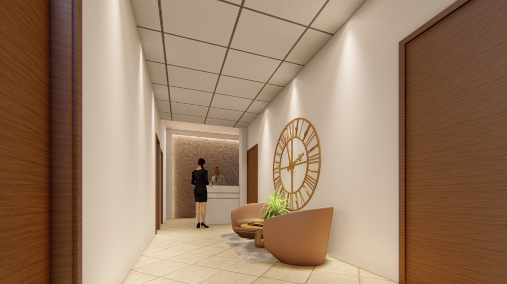 Cette image montre un bureau design de taille moyenne avec un mur blanc, un sol en carrelage de porcelaine, aucune cheminée, un bureau indépendant, un sol beige, un plafond à caissons et du lambris.