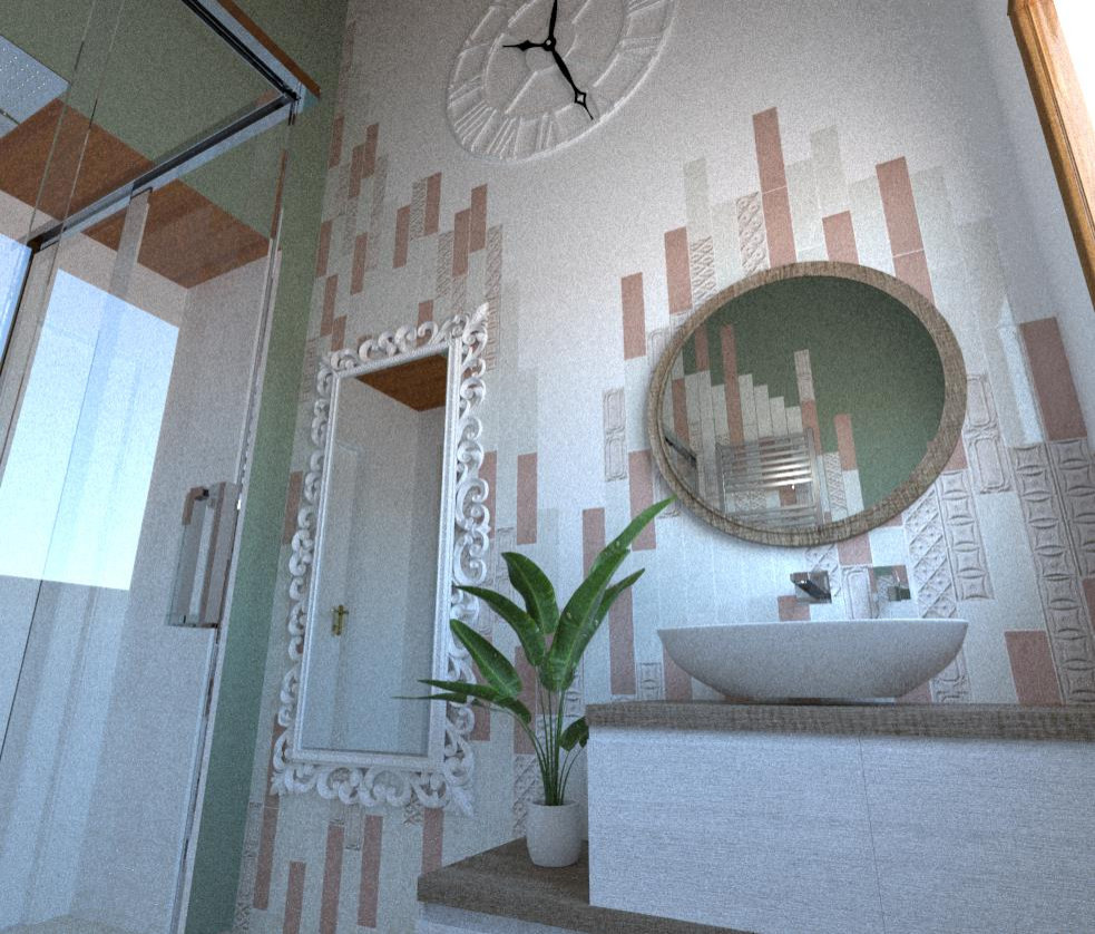 Idéer för ett litet klassiskt brun badrum med dusch, med möbel-liknande, beige skåp, en kantlös dusch, grå kakel, stickkakel, flerfärgade väggar, marmorgolv, ett fristående handfat, träbänkskiva, rosa golv och dusch med skjutdörr