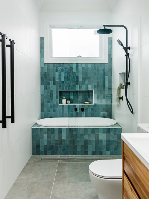 Subtle Pop with Blue-green Stacked Subway Tiles