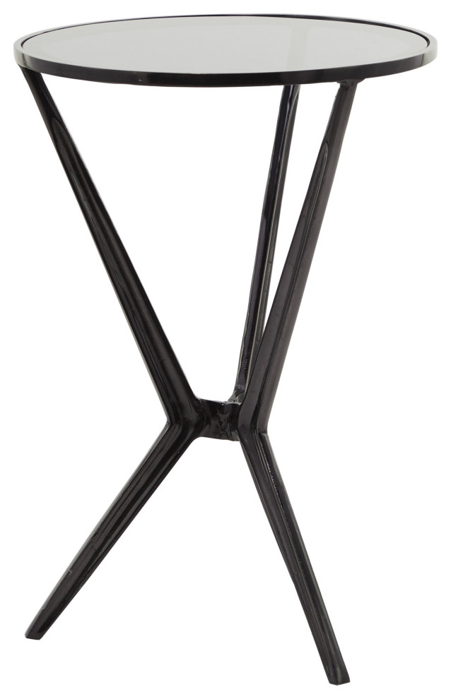 Modern End Table, Hourglass Like Metal Base With Round Tinted Glass Top