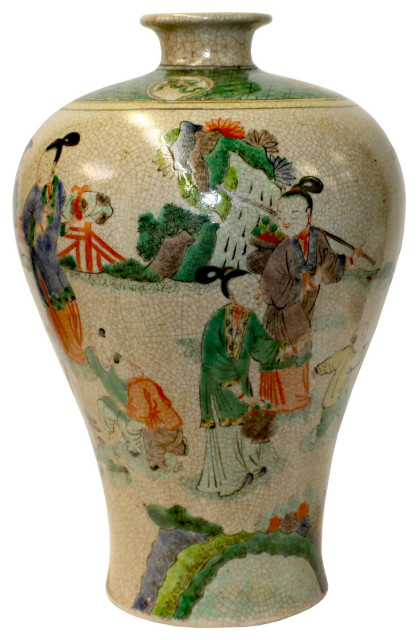 Vintage Chinese Crackle Beige Color People Graphic Porcelain Vase Hws805