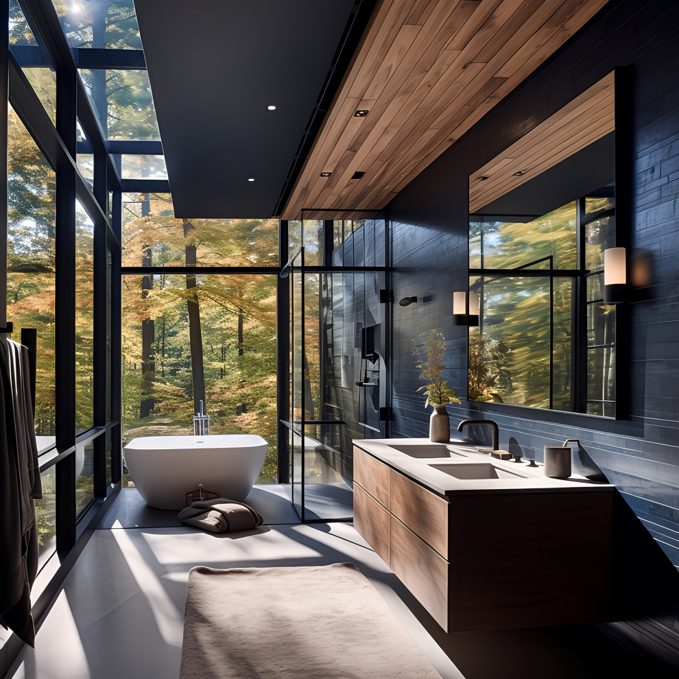 Inspiration for a large modern master wet room bathroom in New York with beige cabinets, a hot tub, stone tile, a drop-in sink, engineered quartz benchtops, a sliding shower screen, a double vanity, a built-in vanity, wood and wood walls.