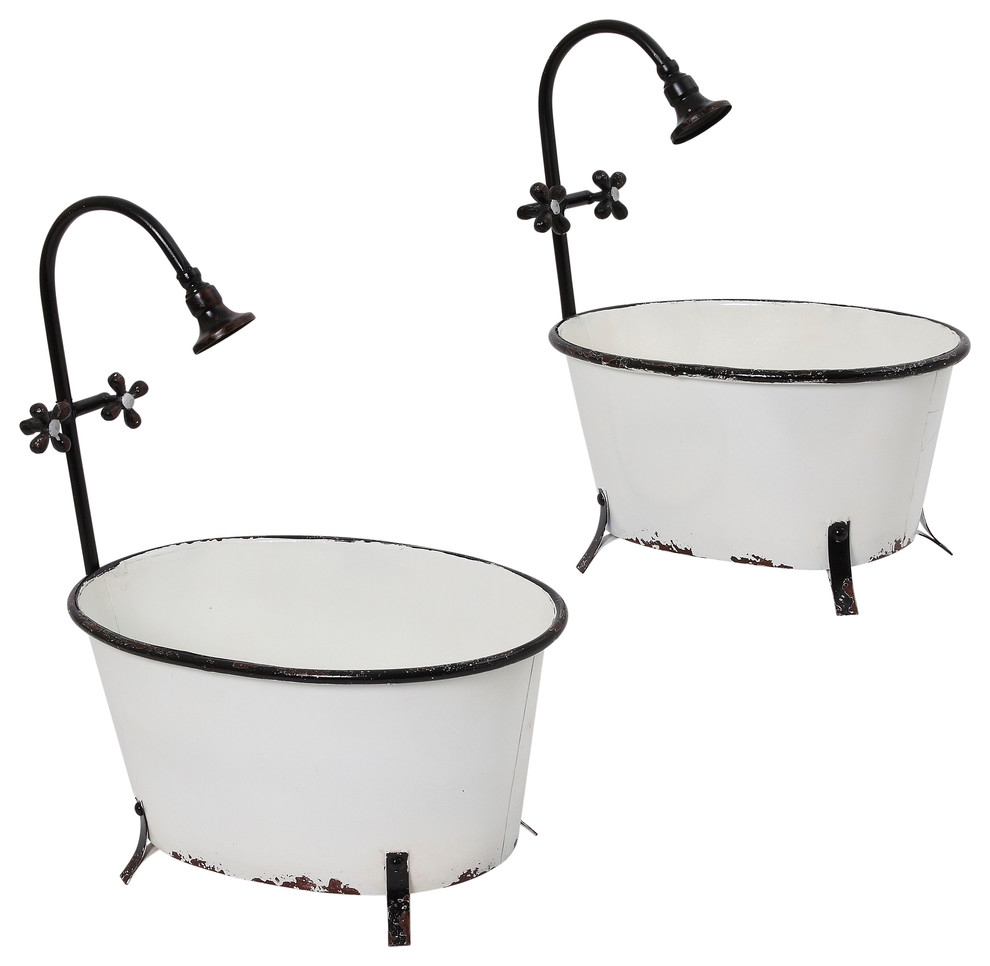 Assorted AntiqueStyle Metal Bathtub Planters with Faucet Accent, Set
