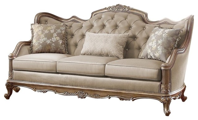 Fayanna Baroque Sofa Fabric Twilight, White Leather Sofa With Wood Trim