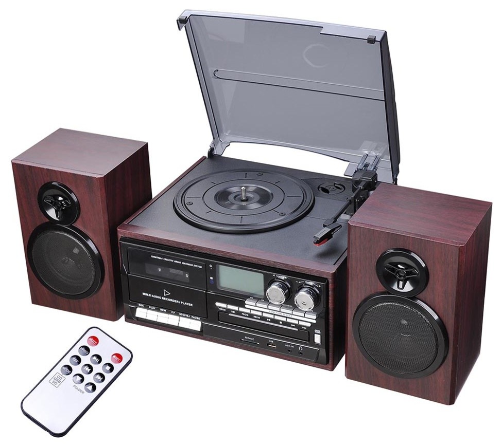 Yescom Stereo Record Player Turntable With Speakers Bluetooth Am/Fm Cd Cassette