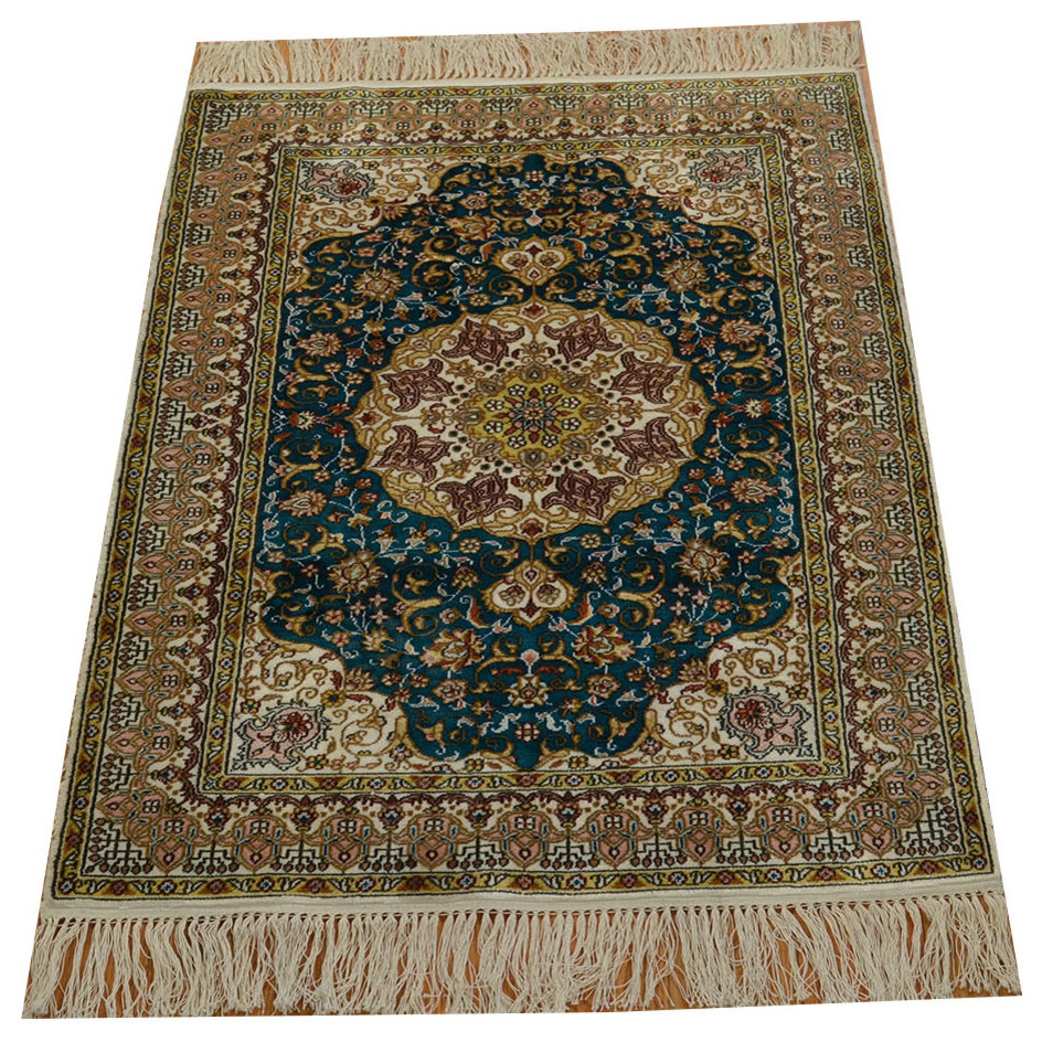 Sky Blue Fine Esfahan 100% Silk 600 kpsi Hand Knotted 2'x3' Oriental Rug R14811