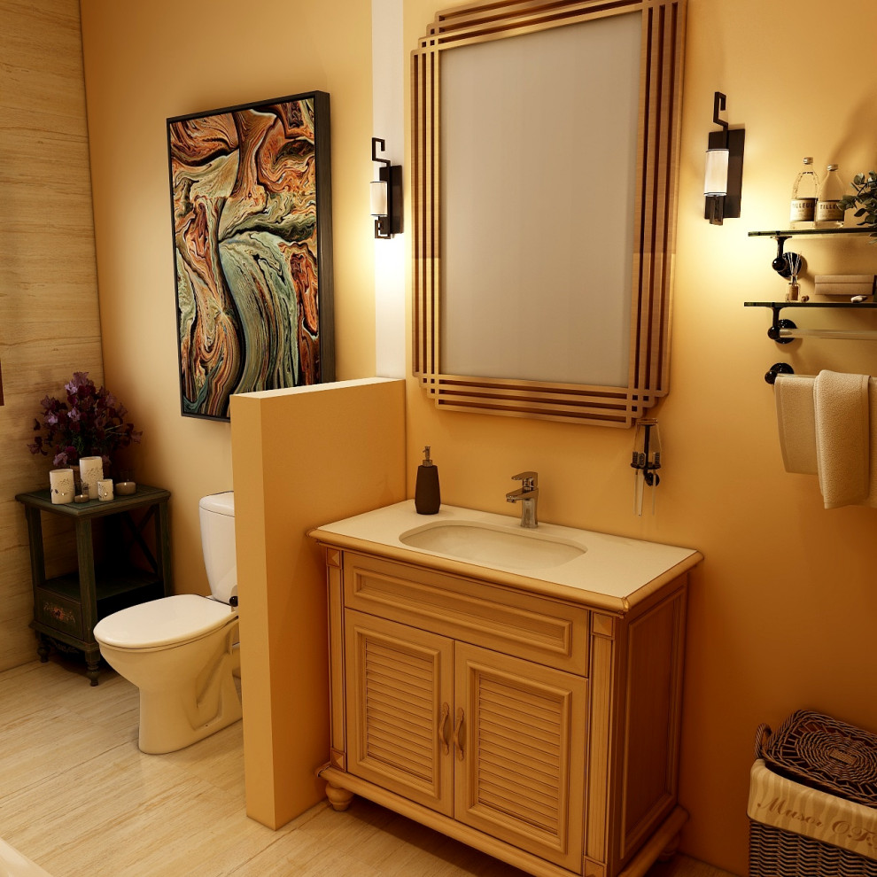 Свежая идея для дизайна: маленькая ванная комната в классическом стиле с фасадами с филенкой типа жалюзи, светлыми деревянными фасадами, отдельно стоящей ванной, душем над ванной, раздельным унитазом, бежевой плиткой, плиткой из известняка, желтыми стенами, полом из известняка, монолитной раковиной, мраморной столешницей, бежевым полом, шторкой для ванной, белой столешницей, тумбой под одну раковину и напольной тумбой для на участке и в саду - отличное фото интерьера